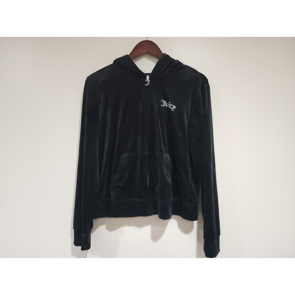 Juicy Couture Velvet Hoodie Womens 2XL Black Rhinestone Spellout Full Zip Y2K